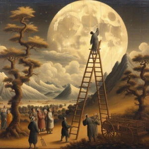 16th cen style oil painting of a man standing on the top step of a ladder trying to reach up and touch the moon