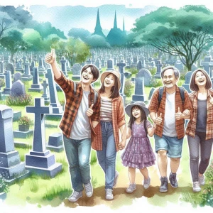 A water Lolor type painting of people happily strolling through a graveyard, smiling and giving  thumbs up signal